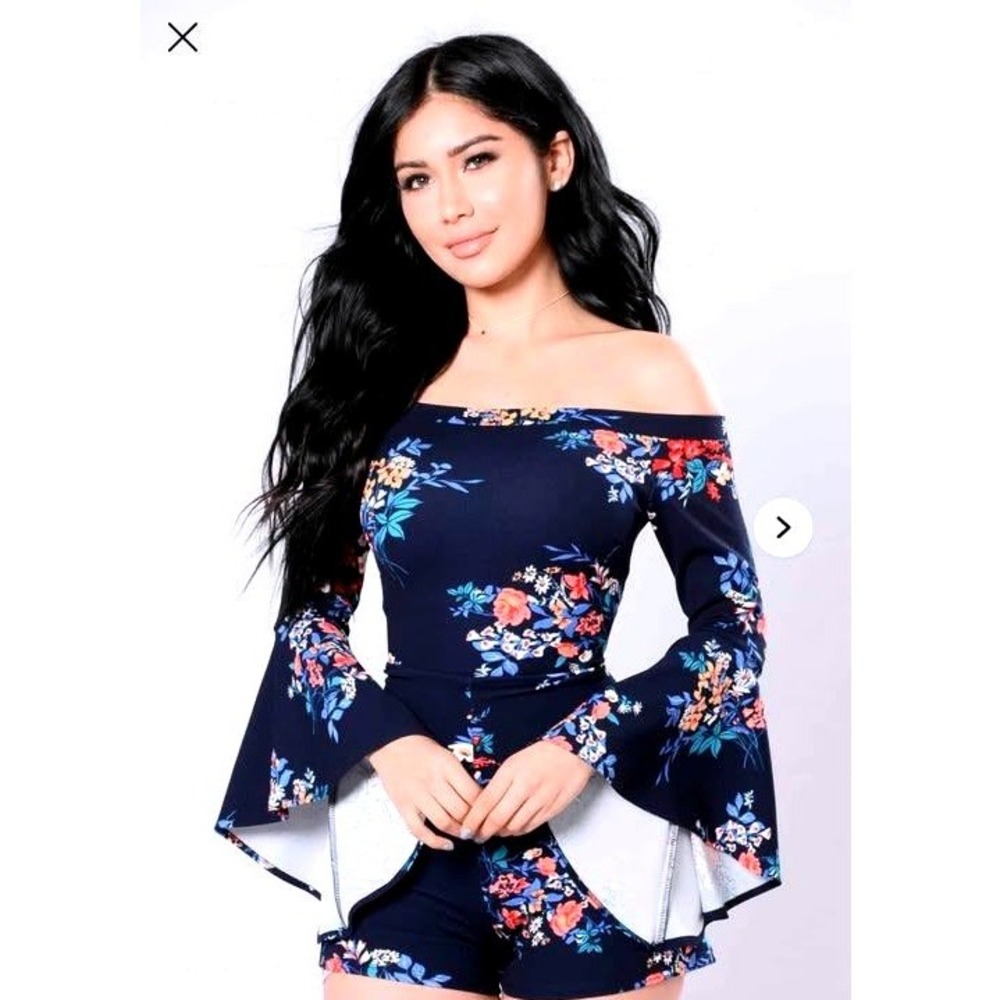 Fashion Nova ~ Dream Paradise Romper~ Navy Floral~Off Shoulder/Bell Sleeves ~ XS